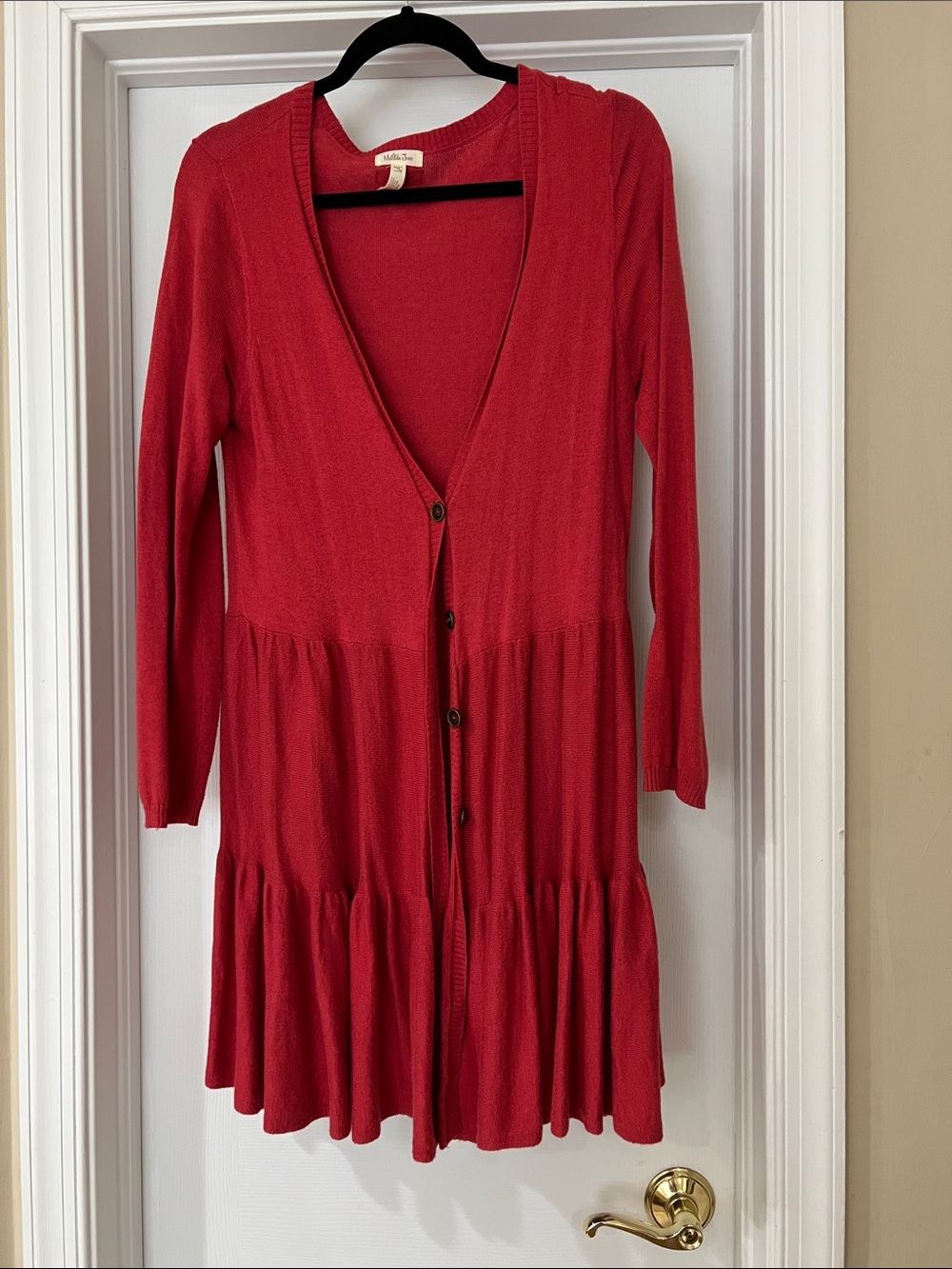 Red Button-Front Long Sleeve Dress